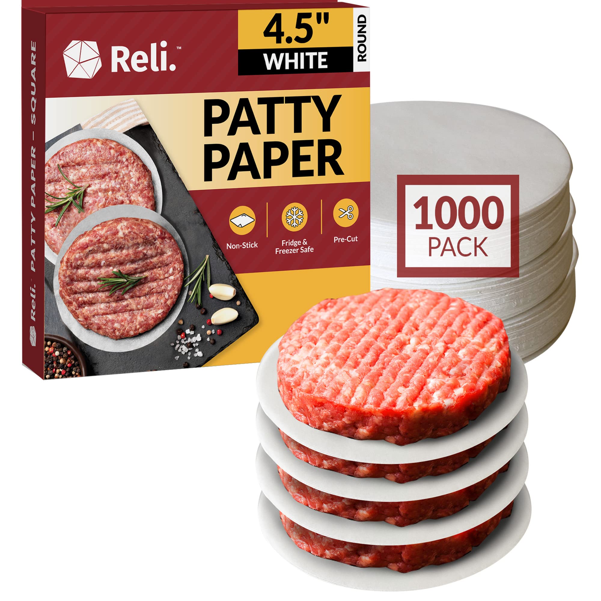 Reli Hamburger Patty Paper 4.5-inch rounds for easy patty separation and freezing.
