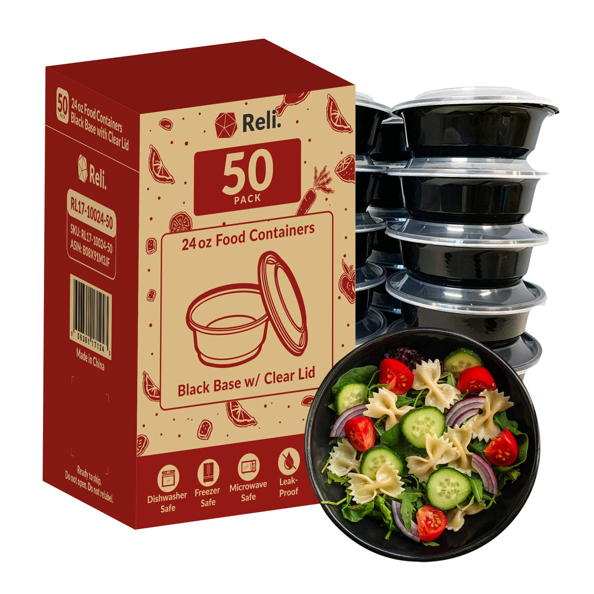 Reli meal prep bowl 24oz in a 50-pack for organized meal prep and storage.
