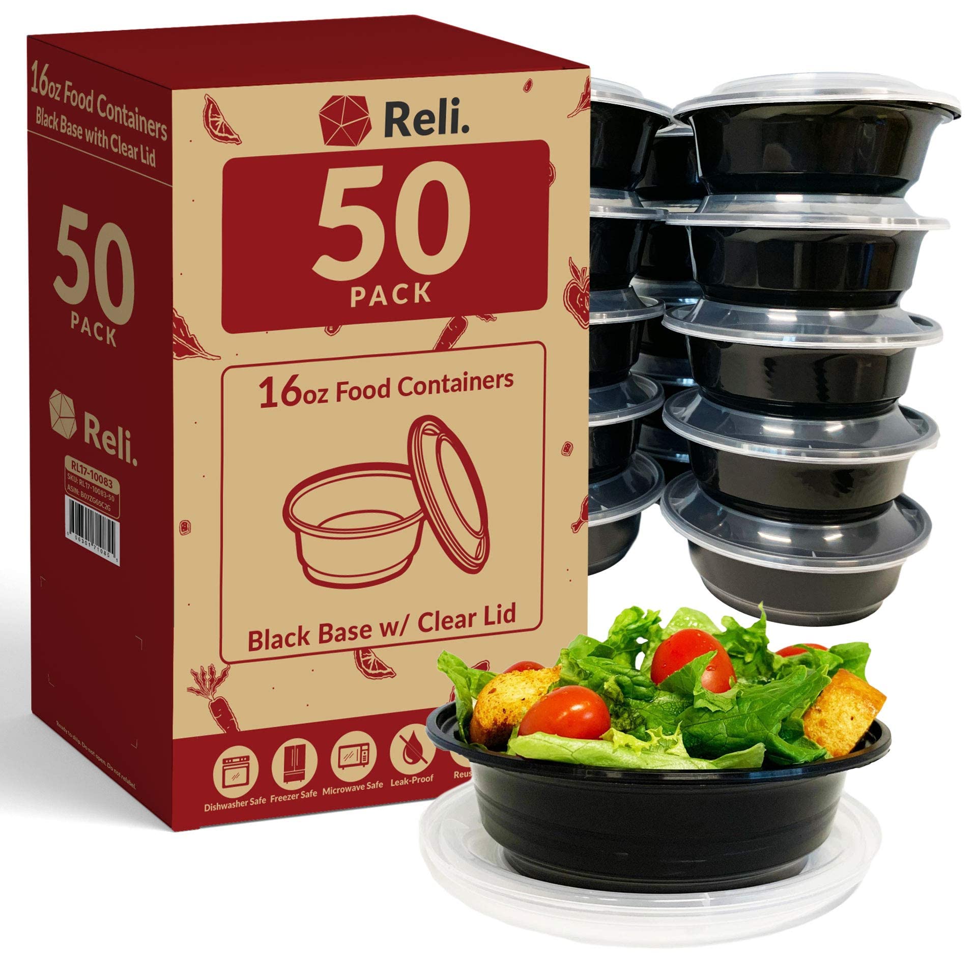Reli meal prep bowls with lids, 16 oz, 50-pack, ideal for batch cooking.