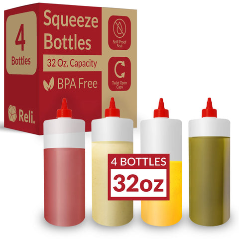 Reli 32oz clear squeeze bottle front view for precise sauce dispensing