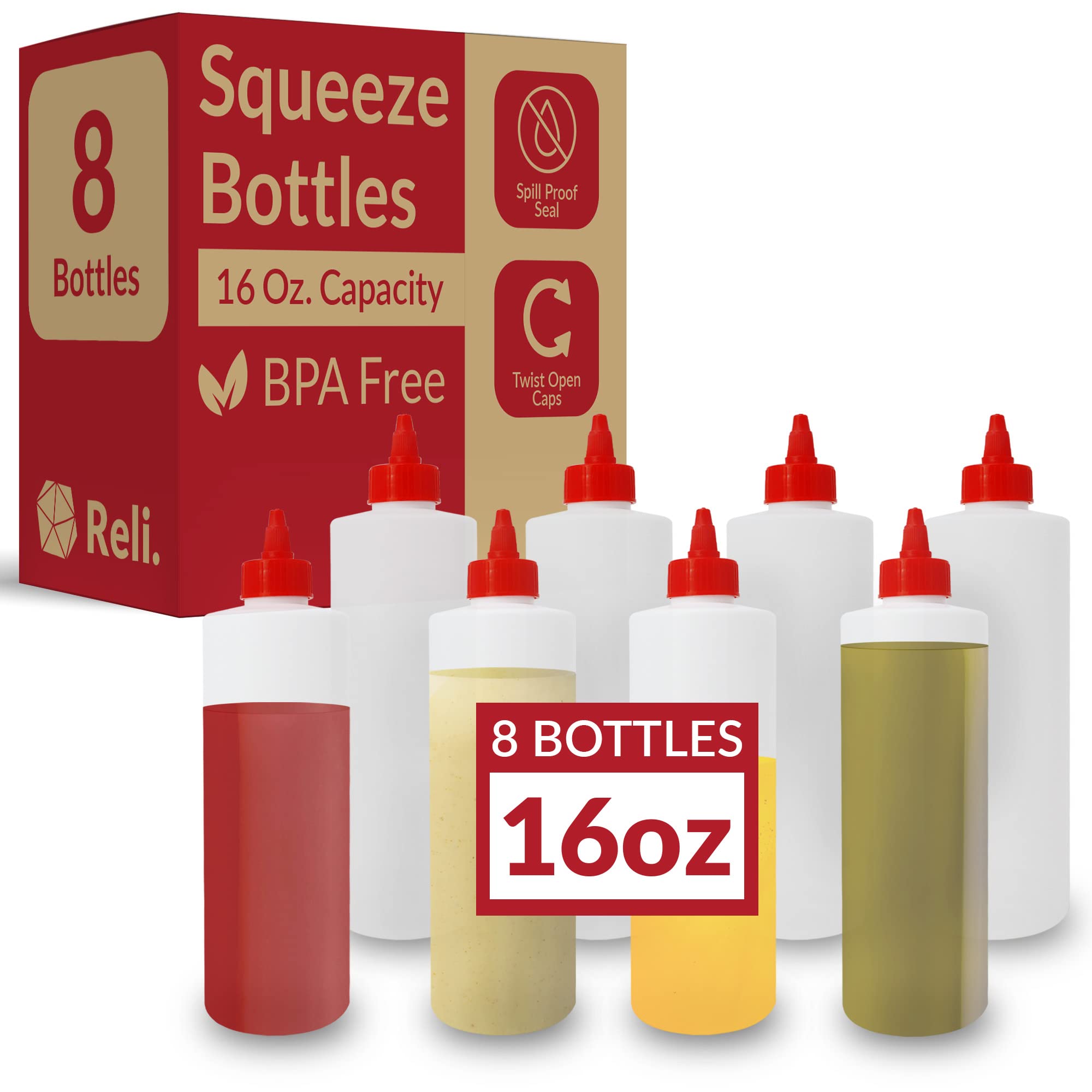 Reli plastic squeeze bottle with clear body and red cap for precise dispensing