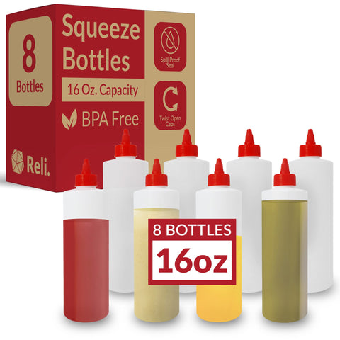 Reli plastic squeeze bottle with clear body and red cap for precise dispensing