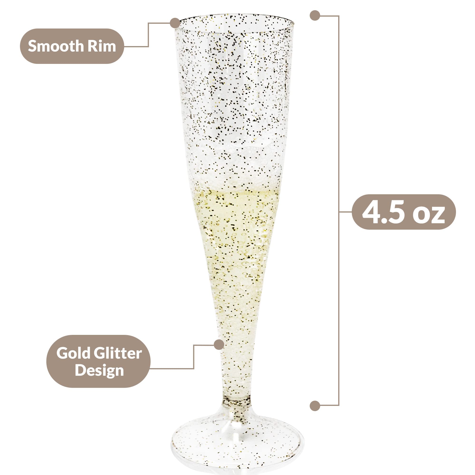 Reli shatterproof flutes in a gold glitter finish for festive toasts