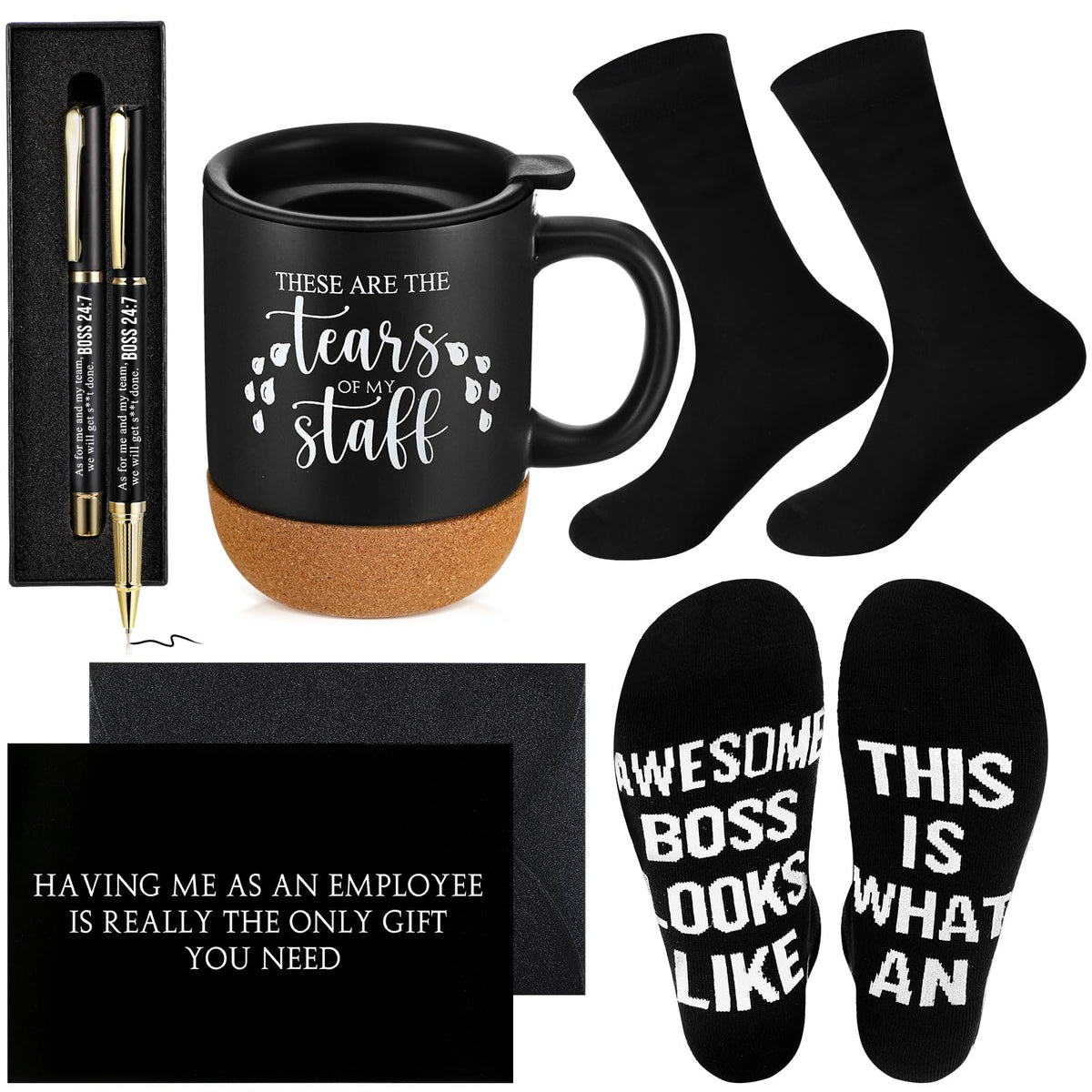 ReliThick boss gift mug: black ceramic with cork base, ideal for daily coffee moments.