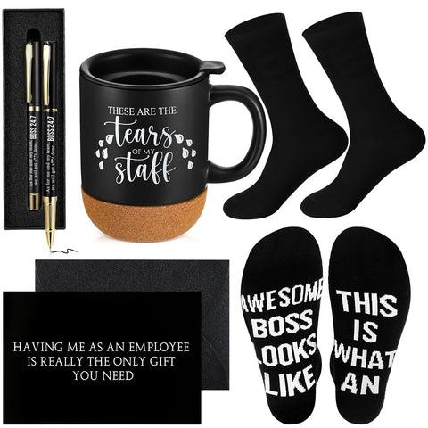 ReliThick boss gift mug: black ceramic with cork base, ideal for daily coffee moments.