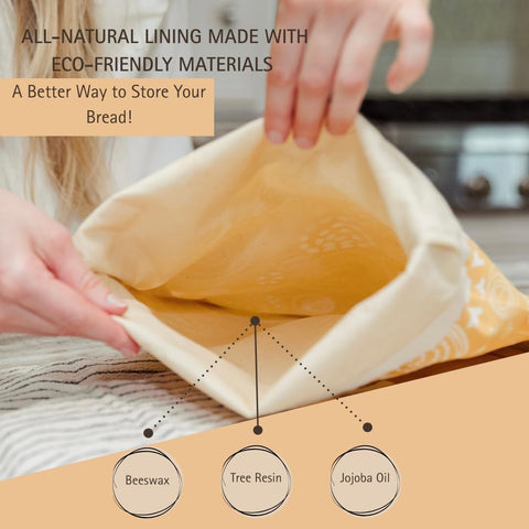 Reliable Rhodes Honeybee Birds beeswax bread bag back view, durable organic cotton with beeswax lining.