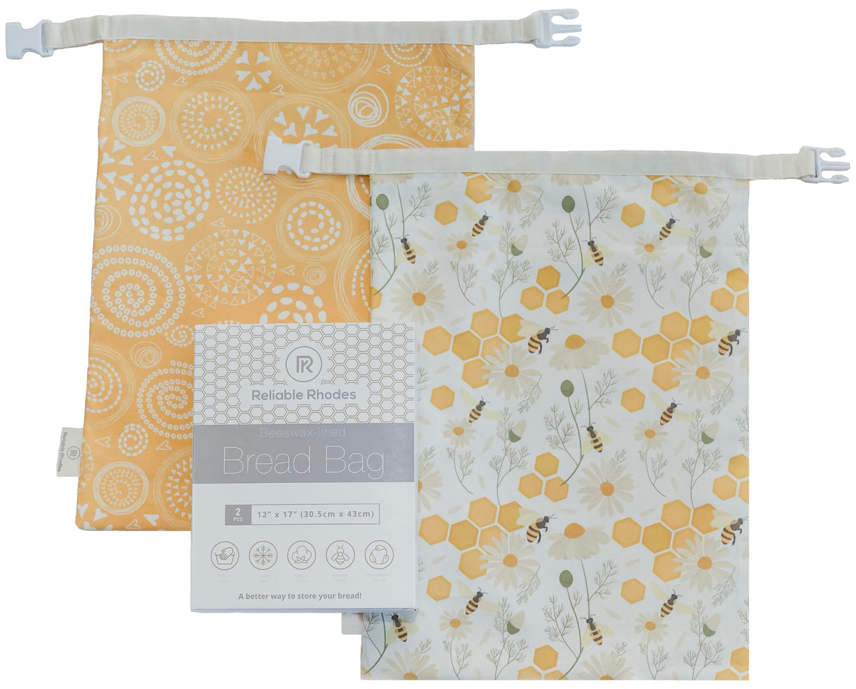 Reliable Rhodes Spiral Blossoms beeswax bread bag front view, eco-friendly storage for fresh loaves.