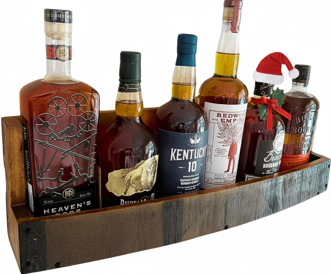 RELODECOR liquor bottle display wall shelf showcasing rustic elegance for home bars