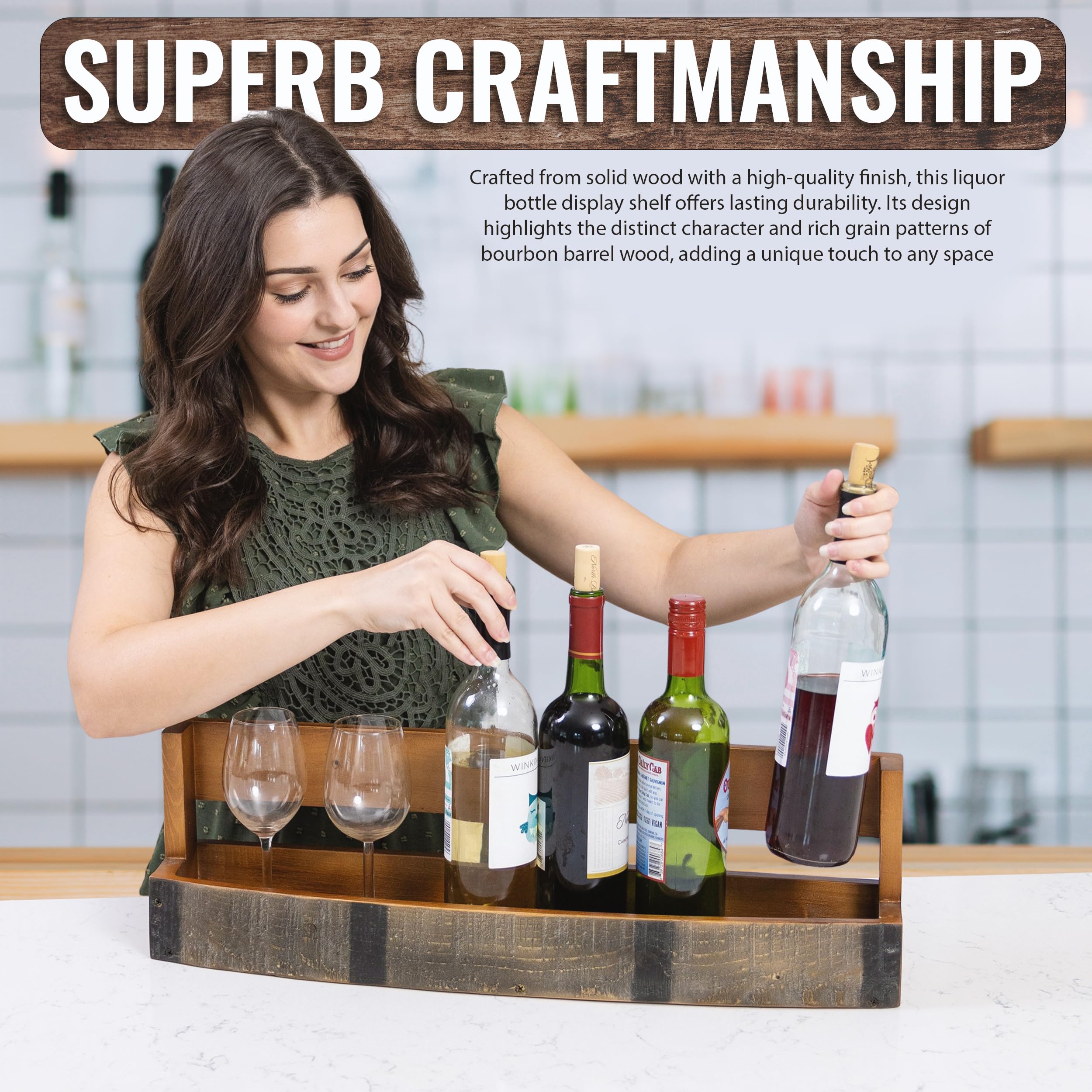 RELODECOR rustic wood bar shelf highlights character of bourbon barrels