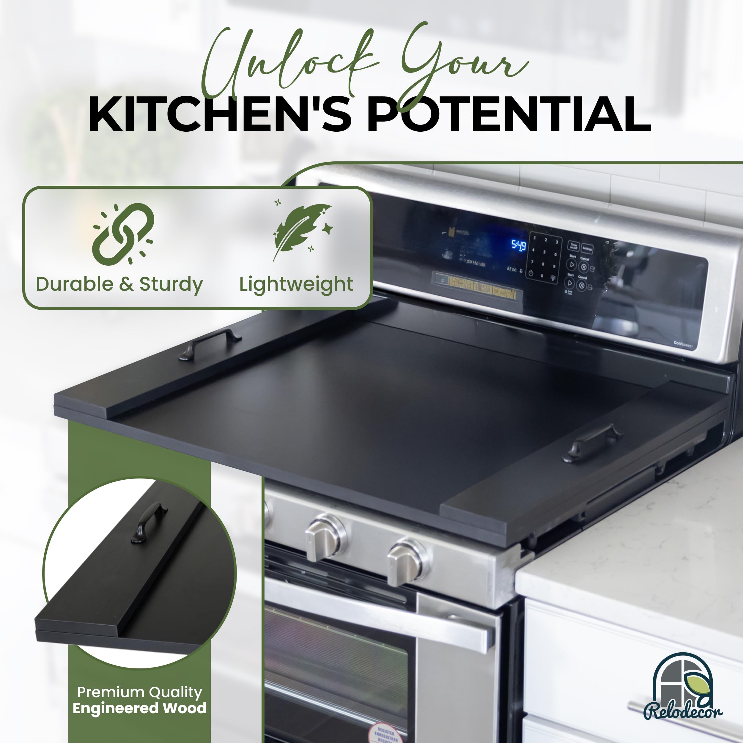 RELODECOR rustic kitchen decor that protects burners and adds counter-ready space