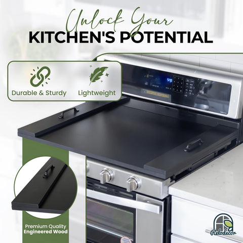 RELODECOR rustic kitchen decor that protects burners and adds counter-ready space