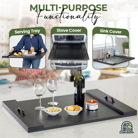 RELODECOR noodle board hides burners while showcasing warm rustic charm