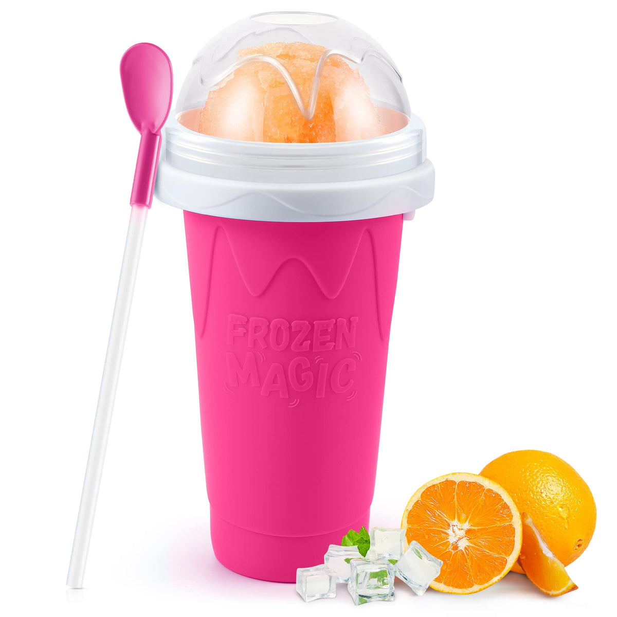 RELPOM Slushie Cup front view showing quick-freeze action for smooth, icy treats.
