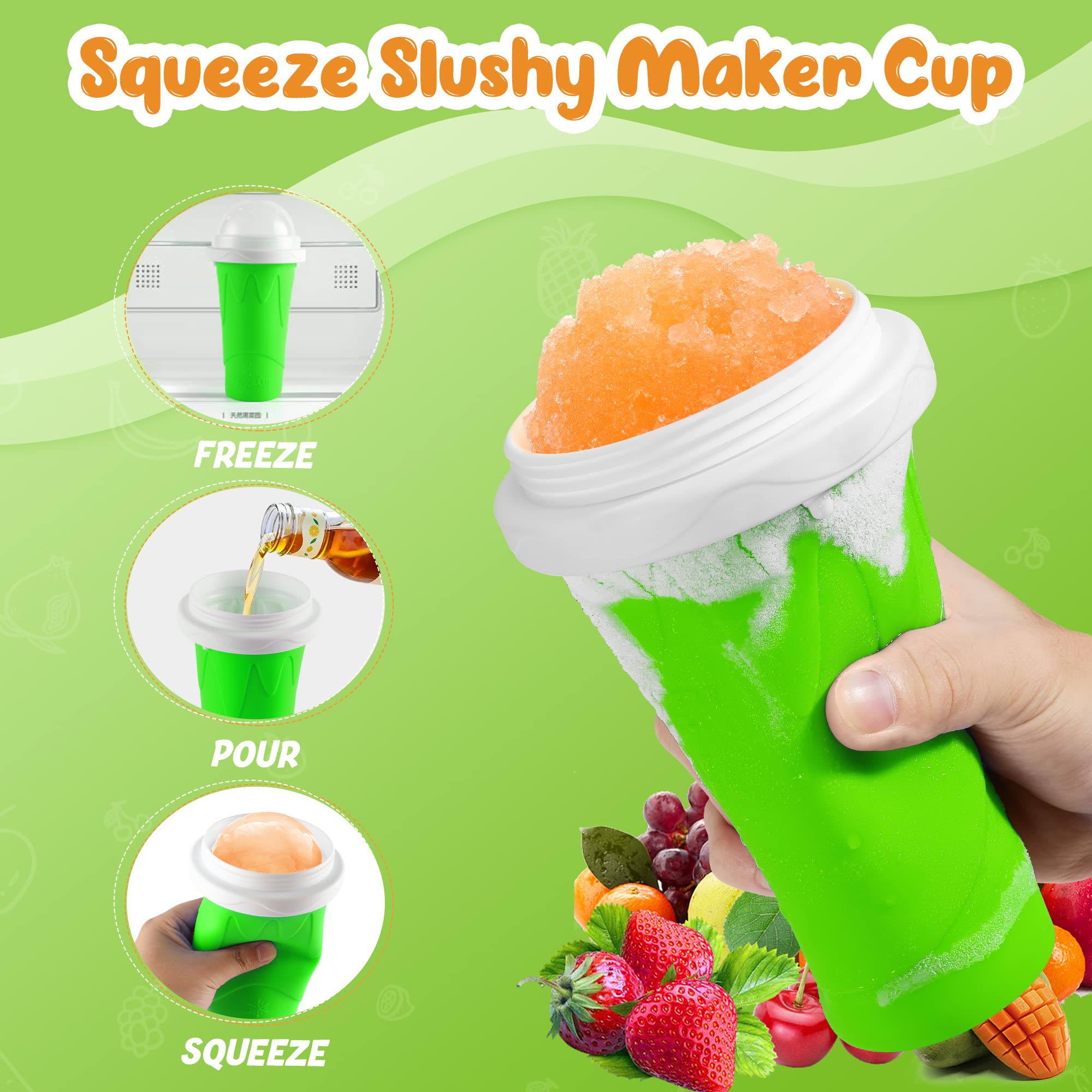 Child squeezes RELPOM Slushie Cup to create creamy icy slush in minutes.