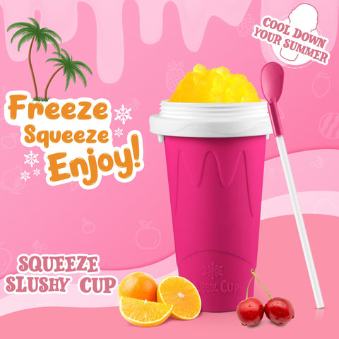 RELPOM Slushie Cup in use, pour beverage and squeeze for instant slush.