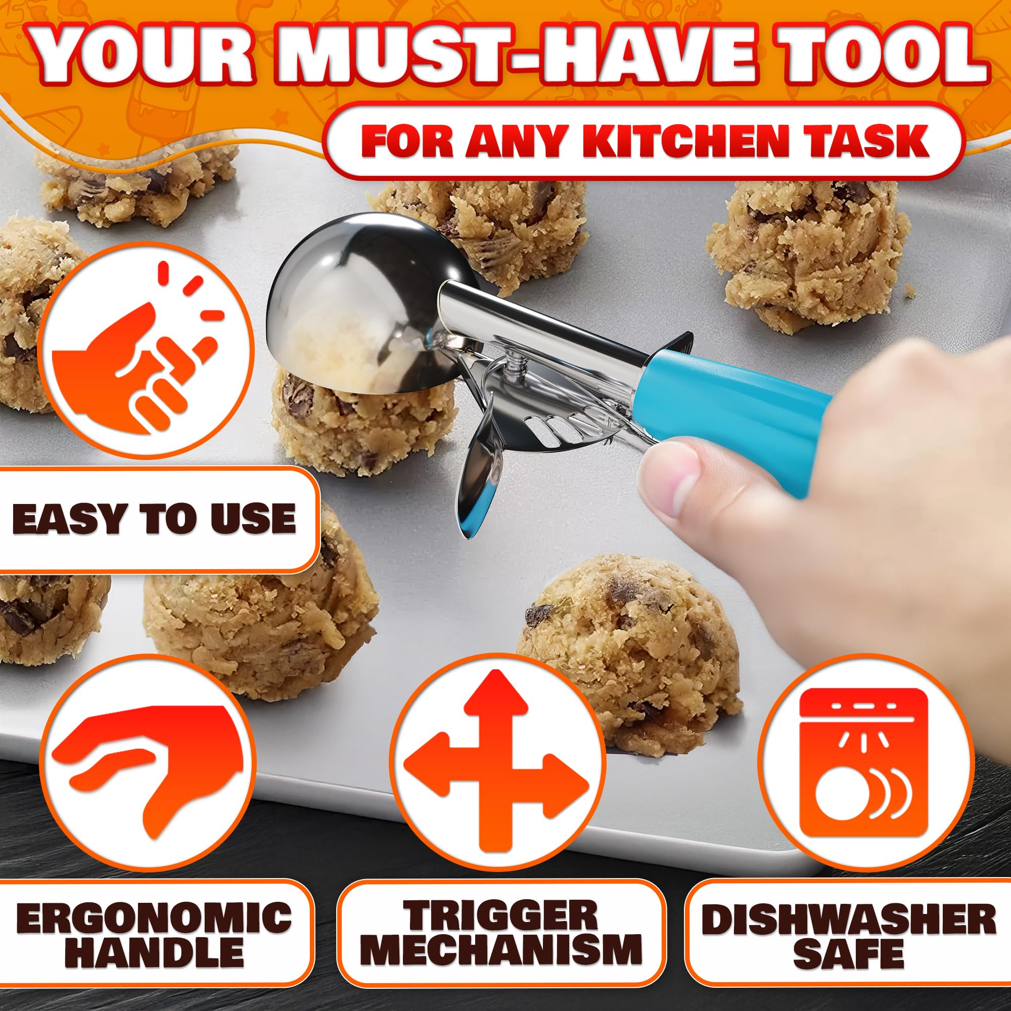 Reluen ergonomic trigger system shown for easy, comfortable scooping during baking.