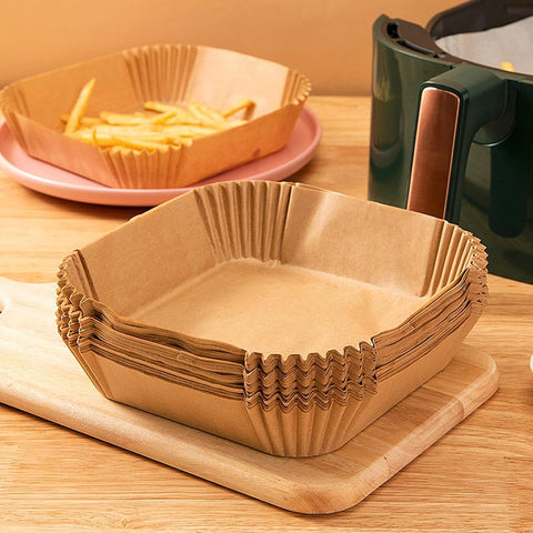 Reluien 8.7-inch square parchment liners fit 5 to 8 qt air fryers.