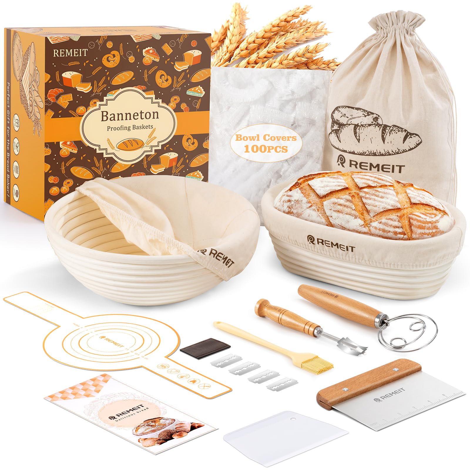 REMEIT banneton round basket showcasing hand-woven cane for even dough proofing and rustic texture.