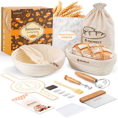 REMEIT banneton round basket showcasing hand-woven cane for even dough proofing and rustic texture.
