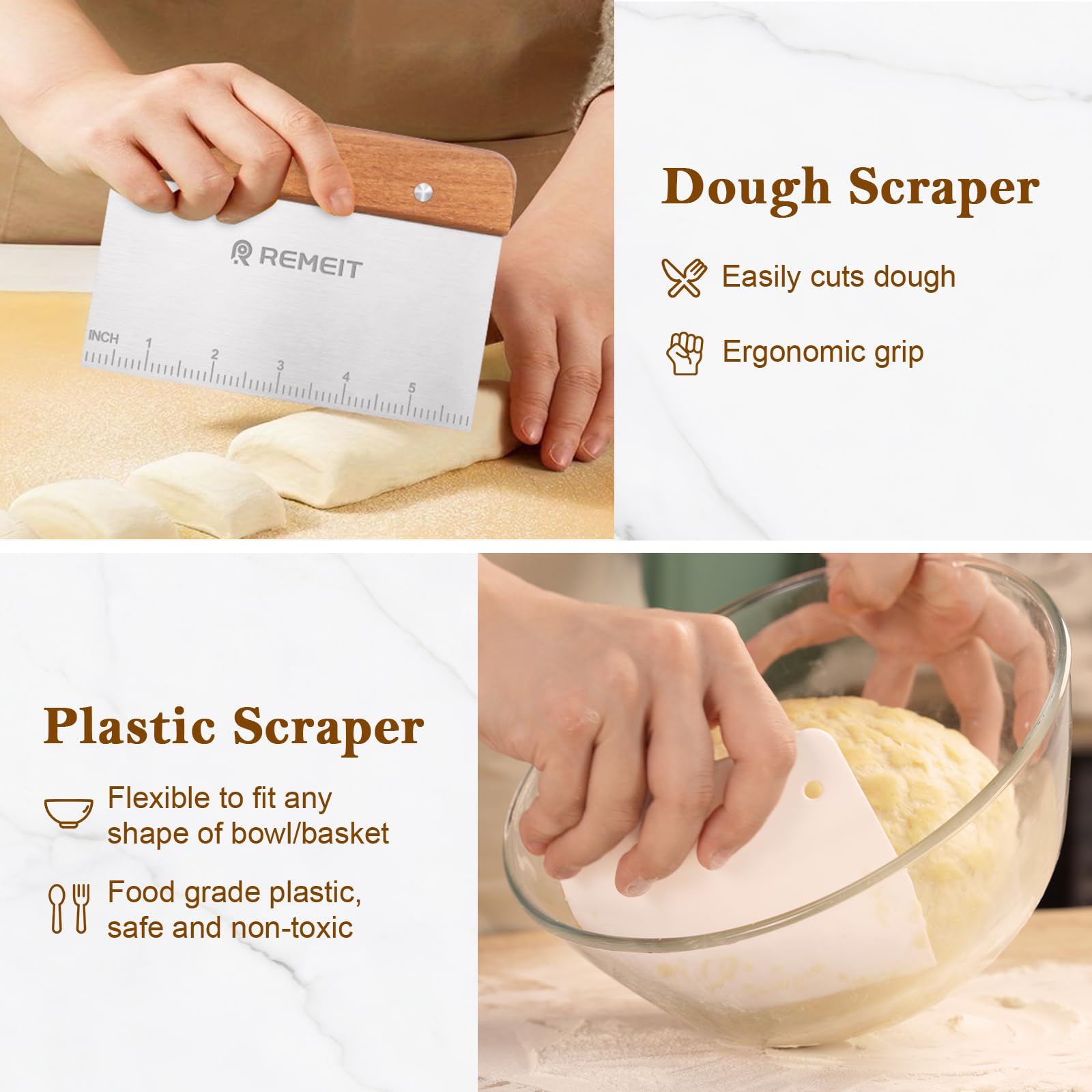 REMEIT dough scraper glides cleanly for precise dough handling.