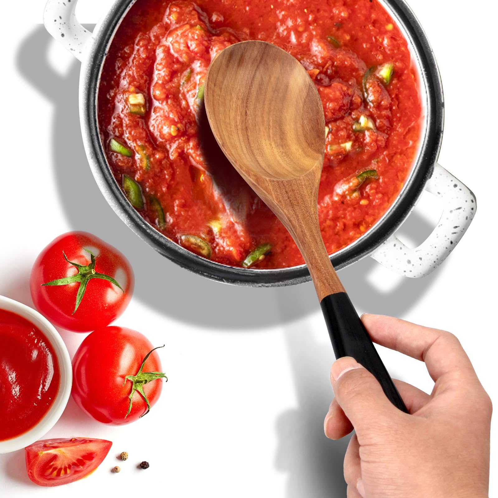 Renawe acacia wood spoons with long handles for easy stirring.