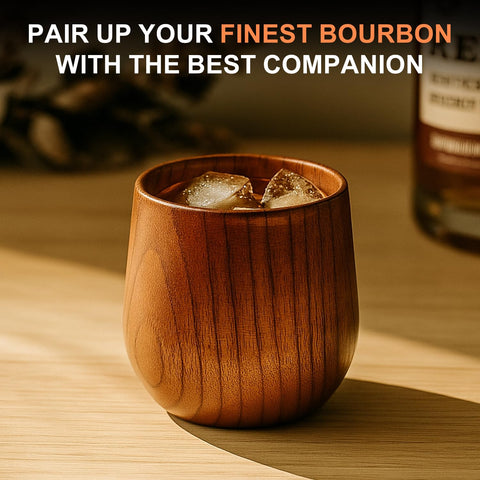 Renawe wooden cup with three whiskey stones for smoother, cooler pours.
