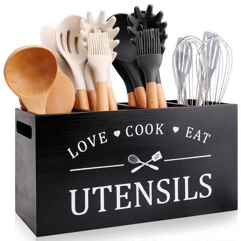 Renawe black farmhouse utensil holder on kitchen counter keeps spatulas organized and within reach.