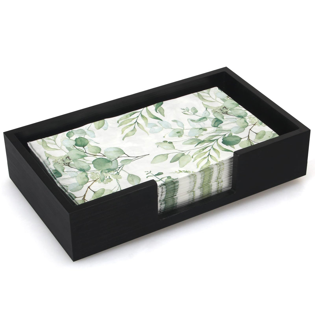 Renawe black wood napkin holder on a dining table showing elegant organization