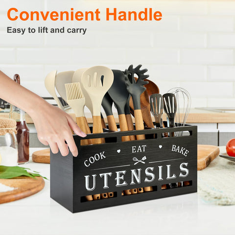 Renawe black wood utensil holder adds farmhouse charm to kitchen counters.