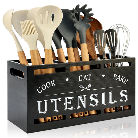 Renawe extra-large black wood utensil holder on the countertop keeps spatulas within easy reach.