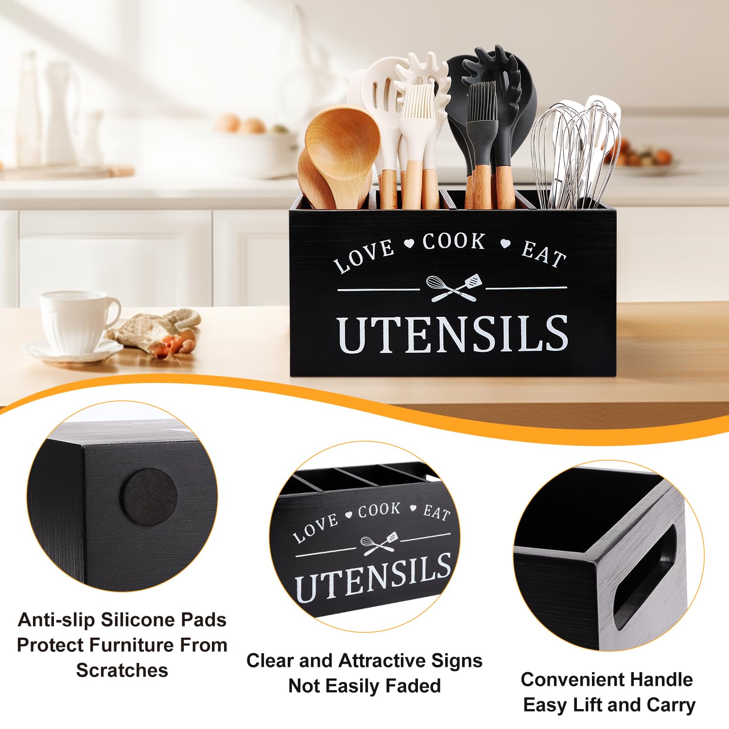 Renawe extra large wooden utensil caddy with four compartments holds spoons, ladles, and tongs neatly.