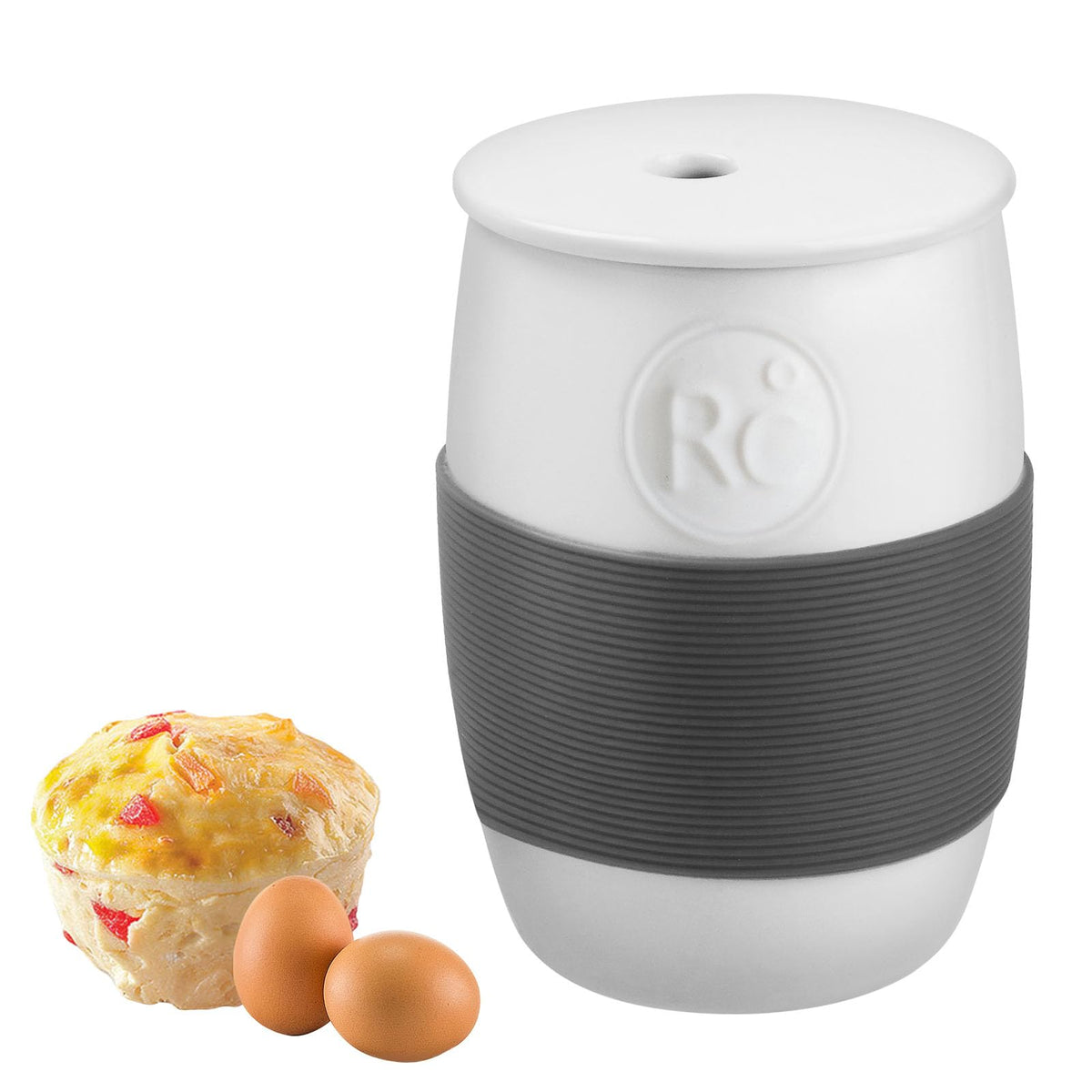 ReneeChef ceramic egg cooker shown in microwave for quick breakfast preparation