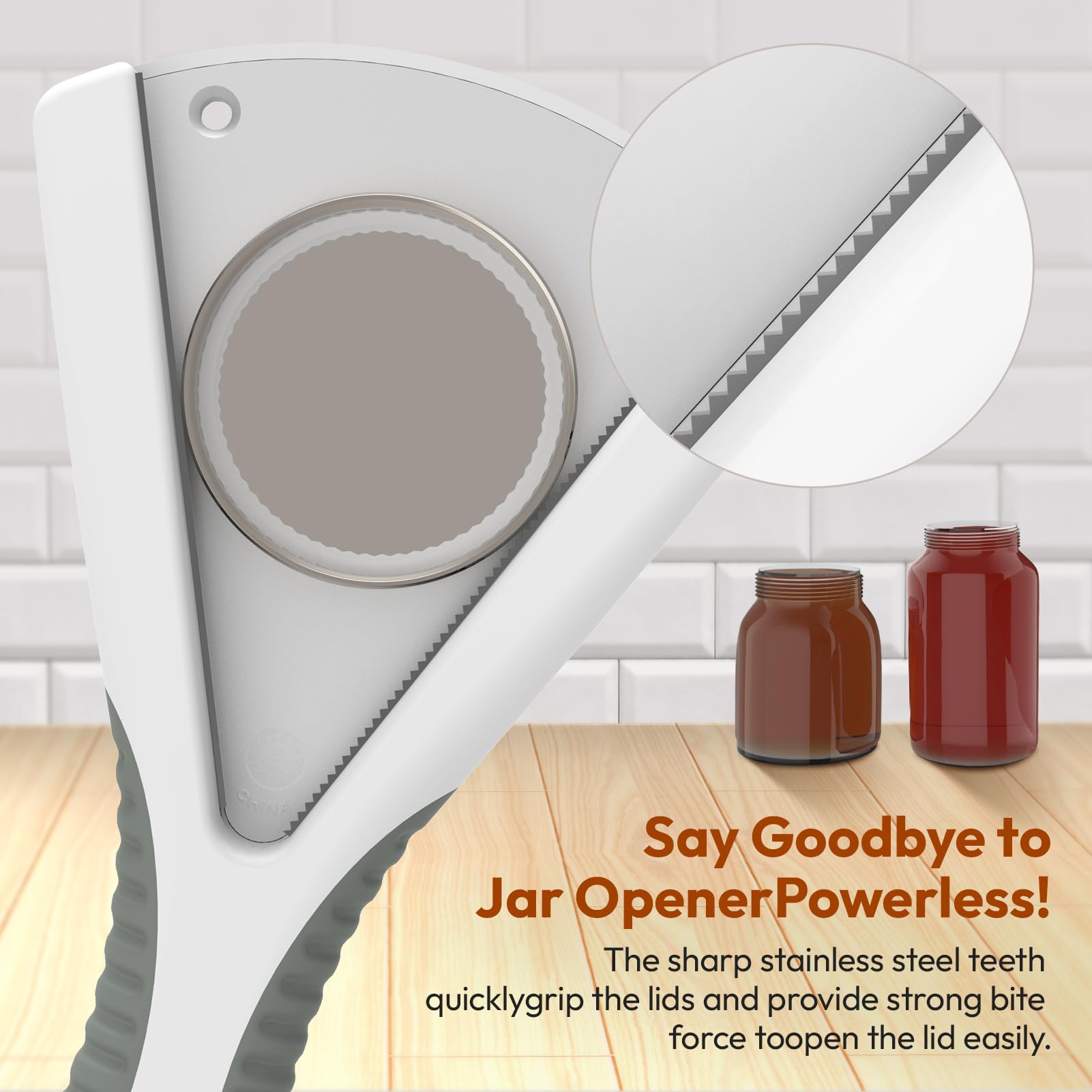 ReneeChef jar opener with gripping teeth fastens onto lids securely.