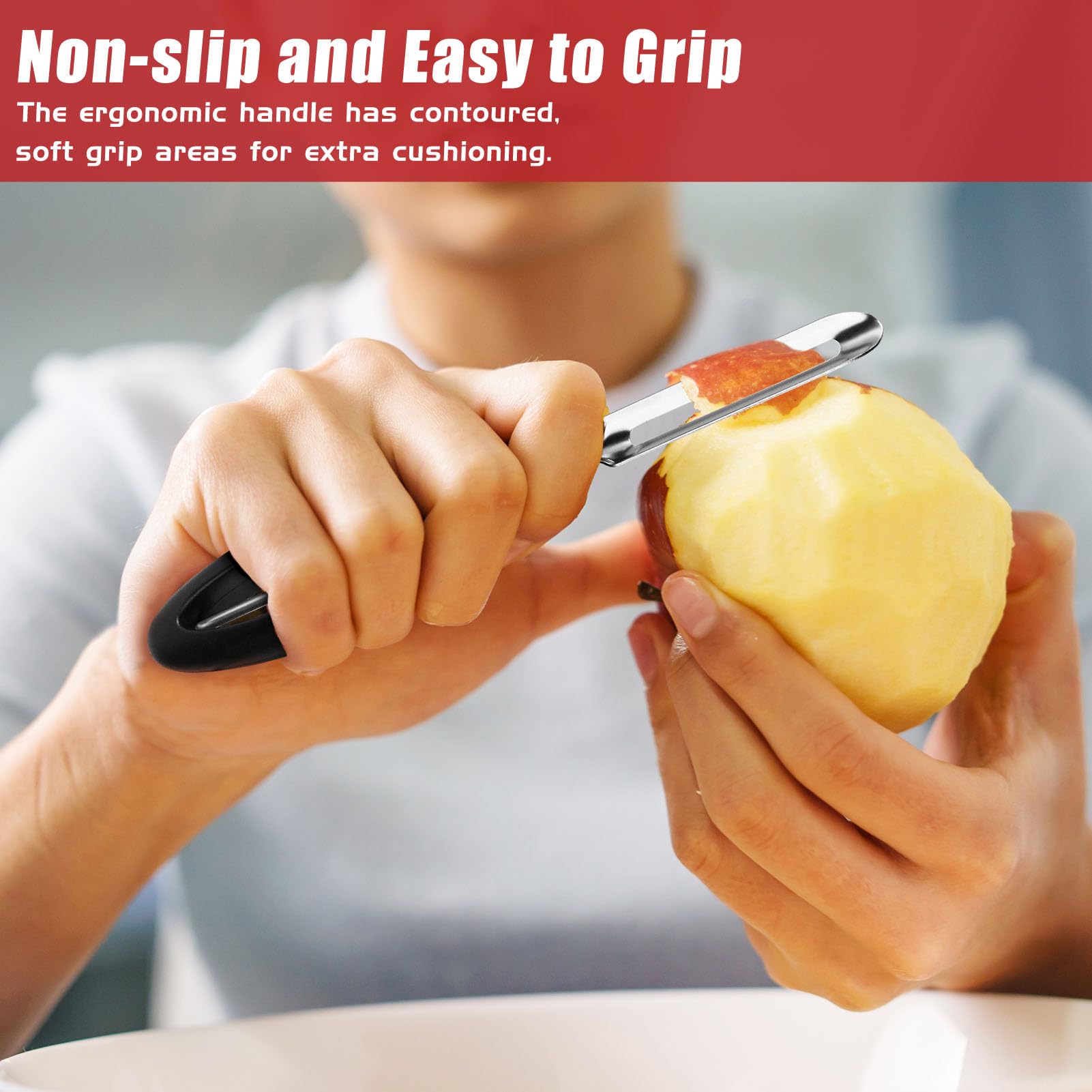 ReneeChef smooth glide design prevents snagging and speeds fruit and vegetable peeling.