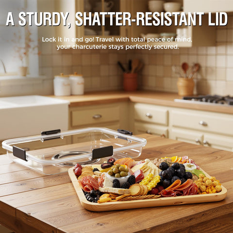 Renmxj charcuterie board clear lid open with snacks ready for easy serving.