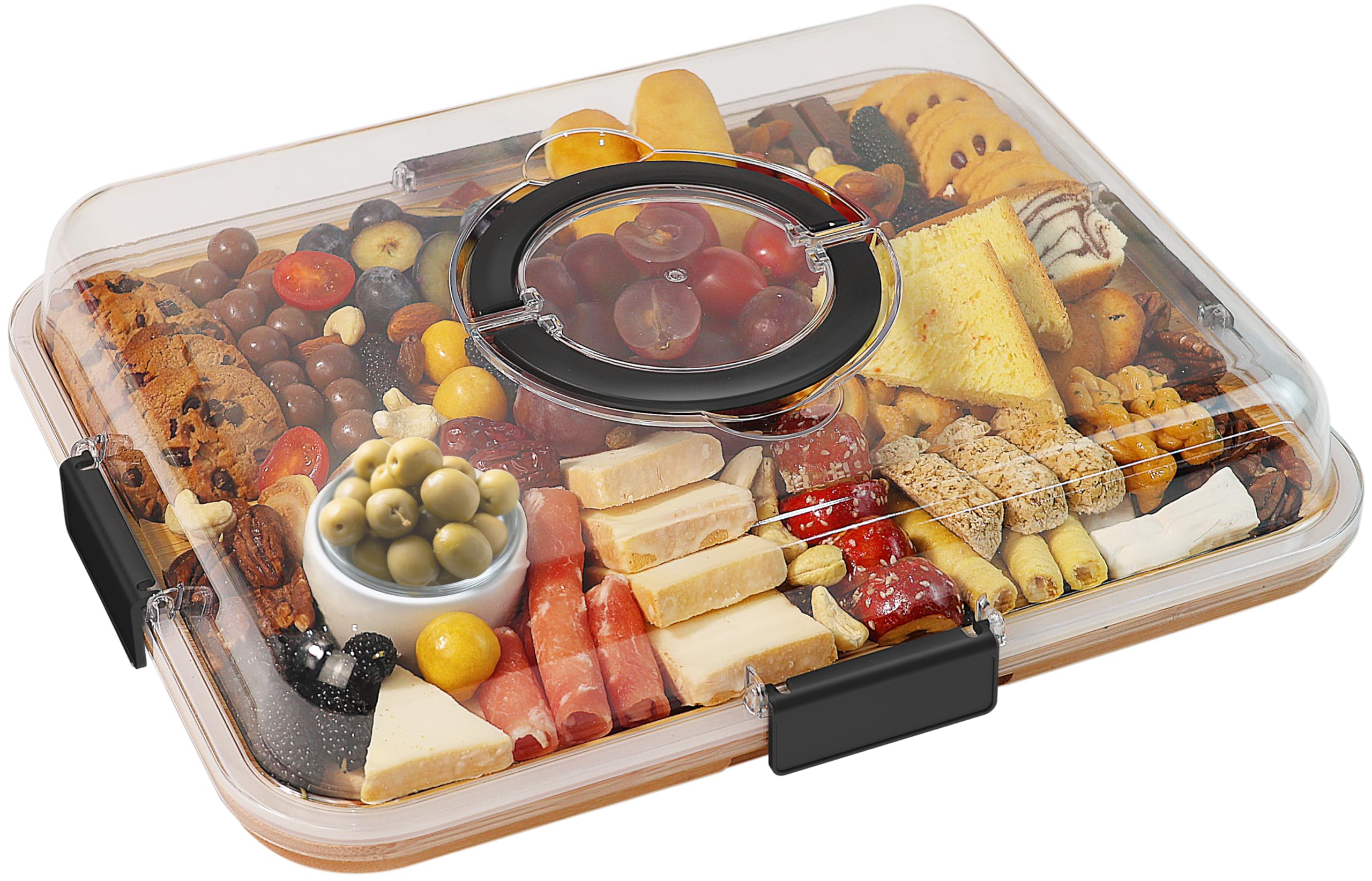 Renmxj charcuterie board clear lid top view shows six compartments for organized serving.