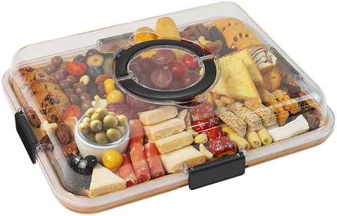Renmxj charcuterie board clear lid top view shows six compartments for organized serving.