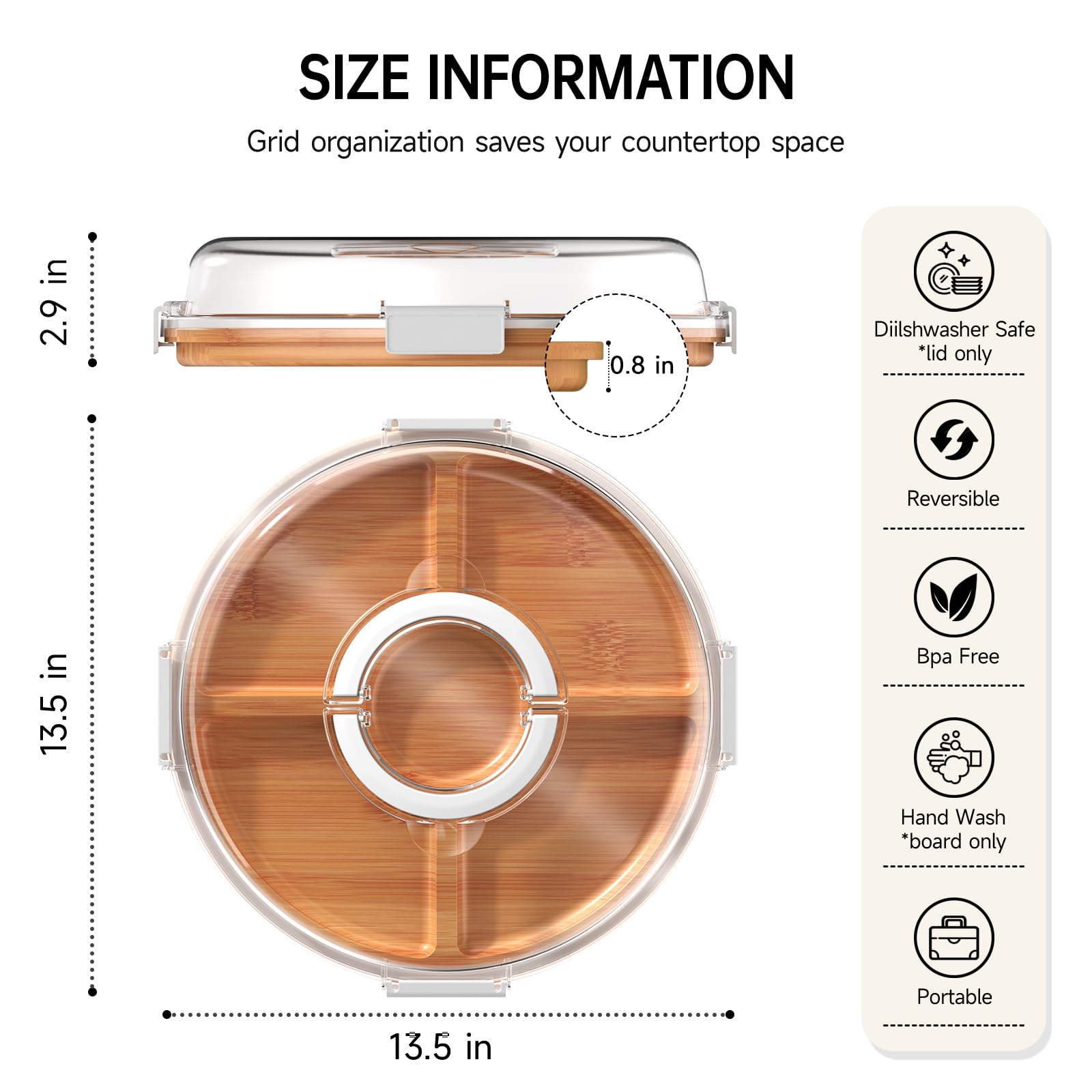 Renmxj dual-function board shows five compartments for organized snacks