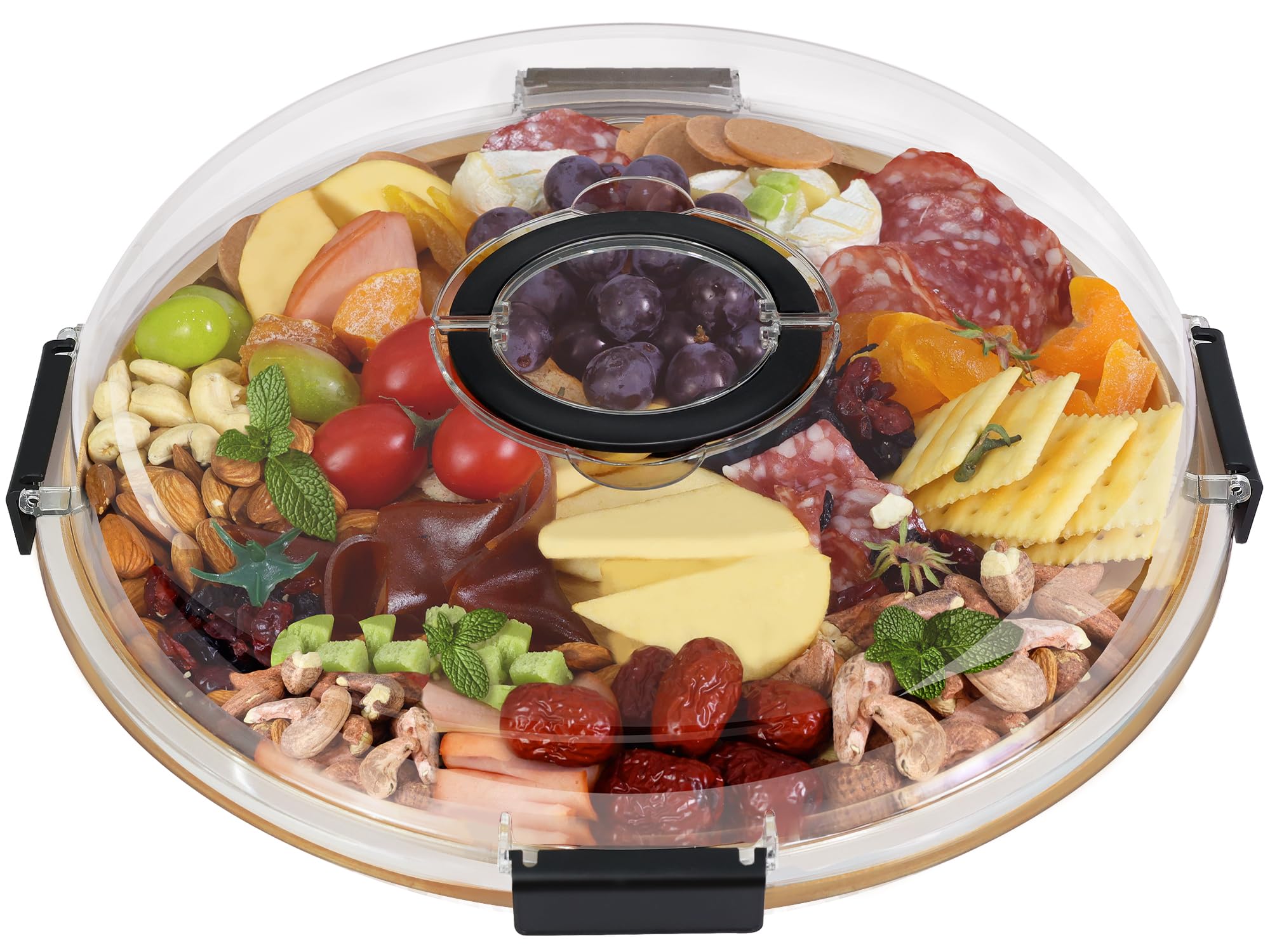 Renmxj round charcuterie board with clear lid keeps snacks fresh for outdoor picnics.
