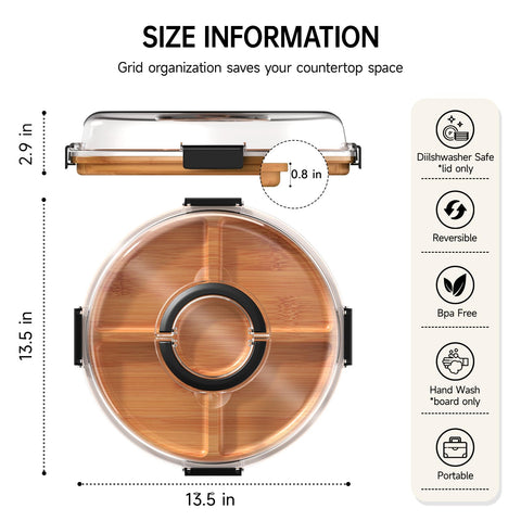 Renmxj round charcuterie board lid locks securely to keep freshness during transport.