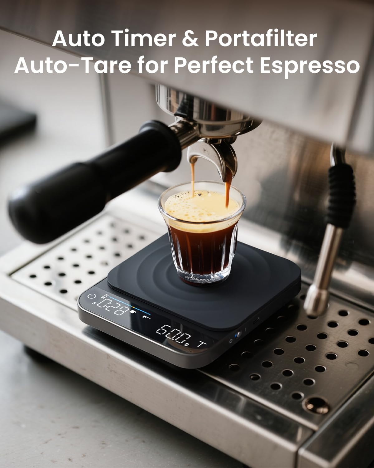 RENPHO portafilter memory tare saves weight for hands-free setups.