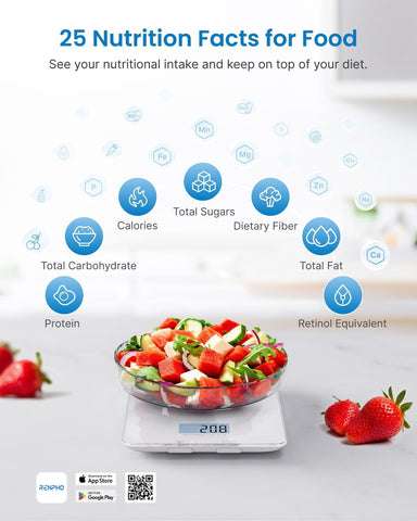 RENPHO scale shows precise 1g increments for accurate ingredient measurement.