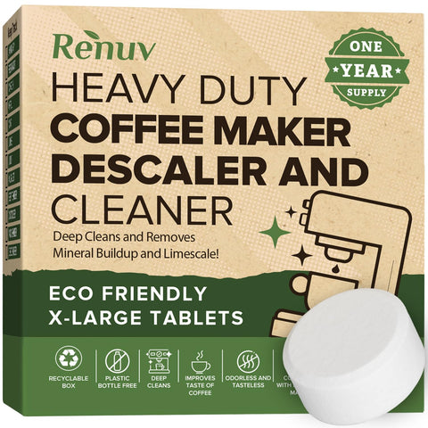 Renuv coffee cleaner tablet, individually wrapped for mess-free descaling.