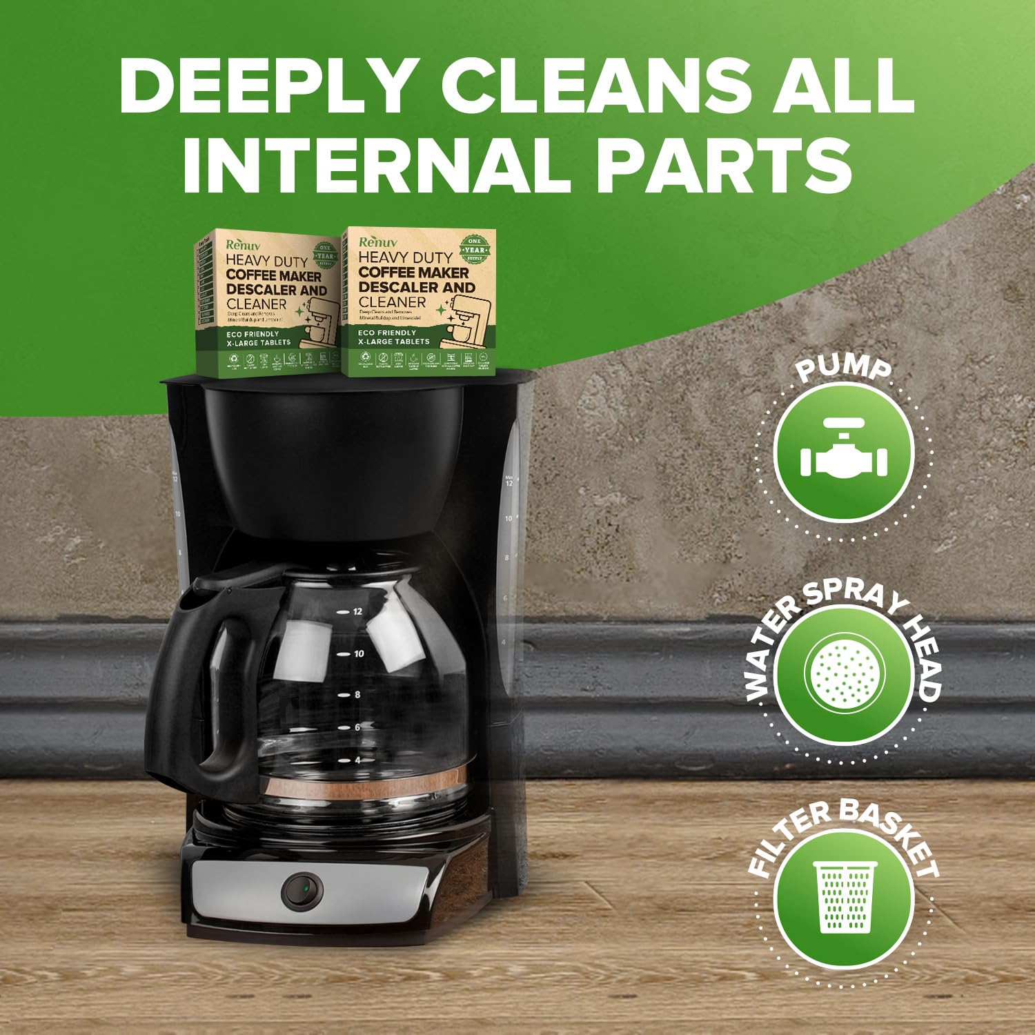 Renuv descaler tablet with heavy-duty action for thorough mineral removal.