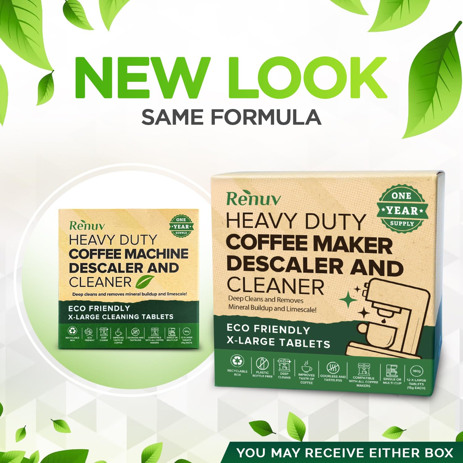 Renuv descaler packaging reduces mess and plastic waste.