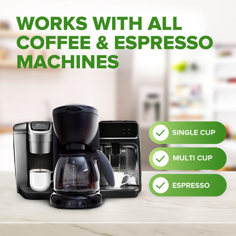 Renuv multi-brand compatible cleaner for home espresso machines.