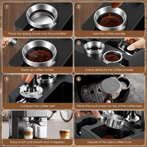Reoszeank magnetic dosing funnel secures grounds for clean, mess-free dosing.