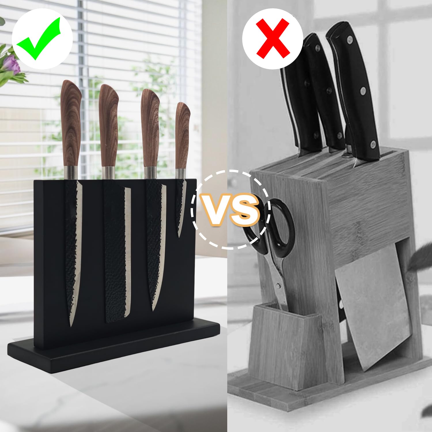 Resafy anti‑slip base protects countertops while handling knives.