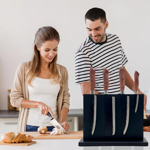 Resafy double‑sided knife block on counter keeps blades visible and organized.