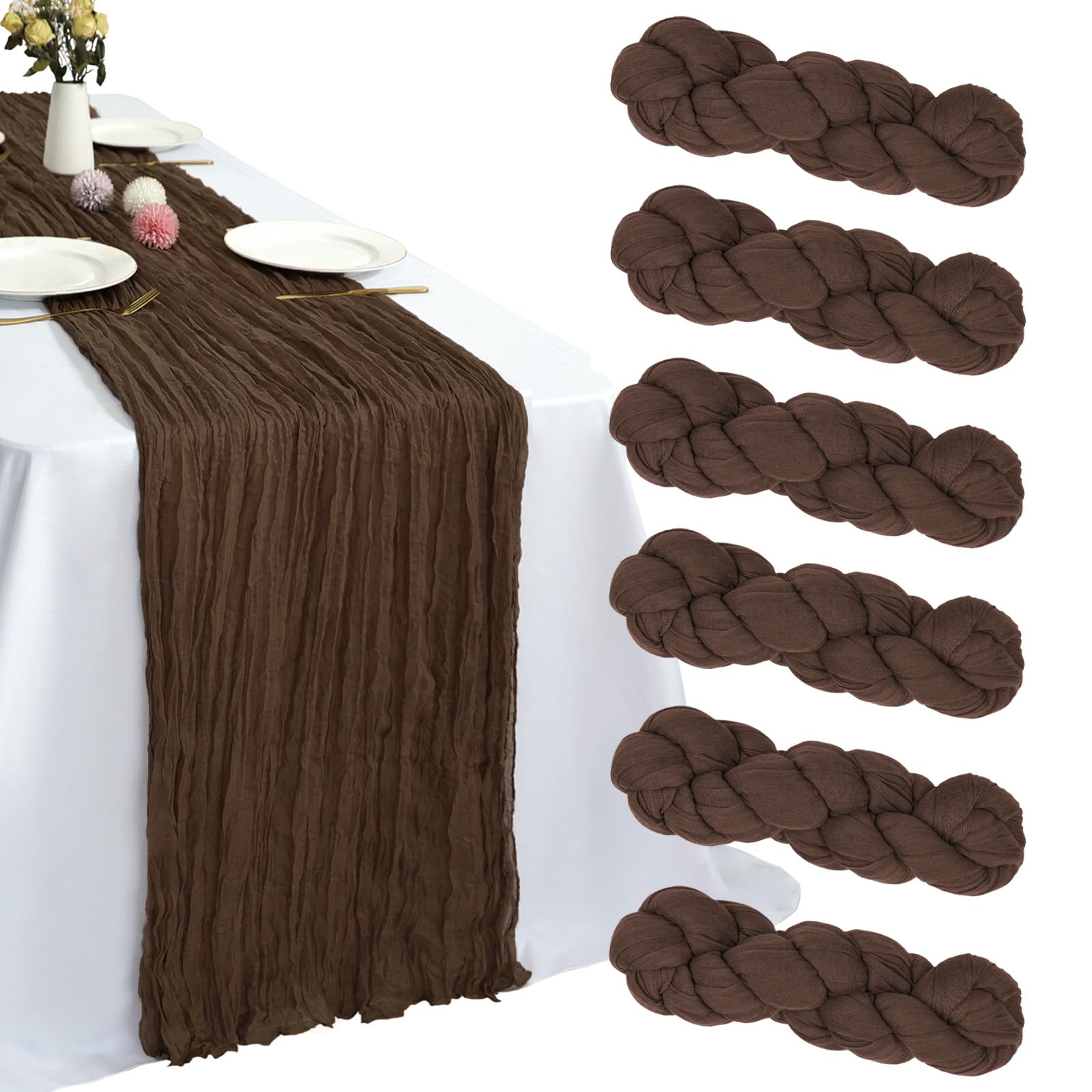 RestfulGlow brown cheesecloth table runner six-pack, 10ft each, ideal for large gatherings.